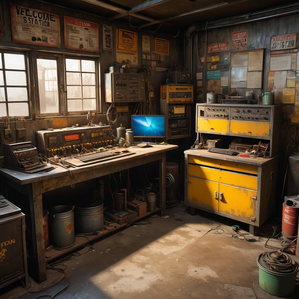 best quality, 4k, 8k, highres, masterpiece:1.2, ultra-detailed, realistic:1.37, HDR, UHD, studio lighting, ultra-fine painting, sharp focus, physically-based rendering, extreme detail description, professional, vivid colors, bokeh, (《Fallout 4》Repair Station), rusty metal walls, flickering fluorescent lights, scattered tools and spare parts, a dusty workbench filled with old computer and wires, repair manuals stacked haphazardly, small windows covered in grime, a sign that says "Welcome to the Repair Station", a poster of a nuclear reactor with warning signs, old coffee mugs with faded logos, graffiti on the walls, color scheme with desaturated, muted tones, giving a sense of the post-apocalyptic world soft, dim lighting from the flickering fluorescent lights, casting eerie shadows on the walls and objects