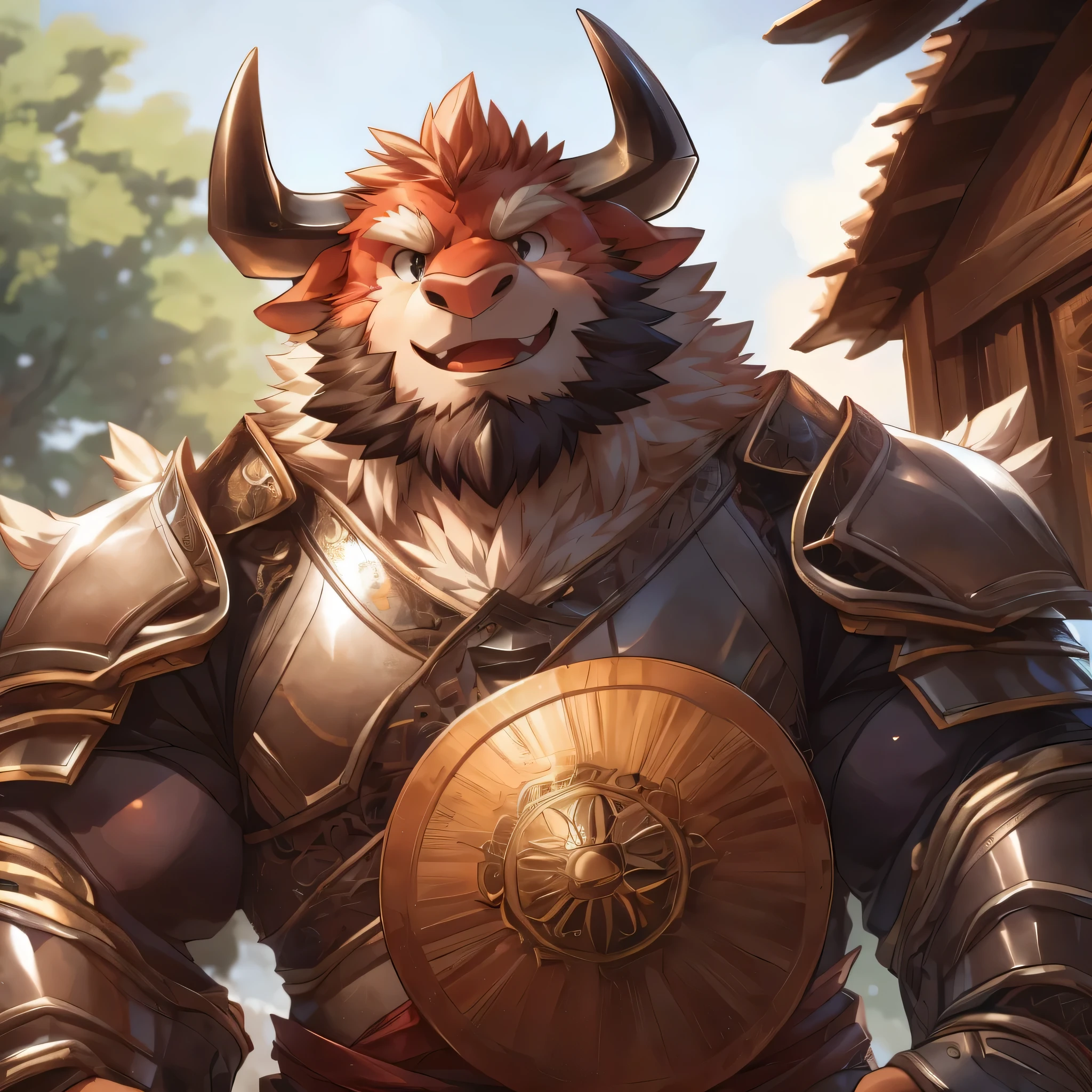 Close-up of a man wearing armor and holding a shield, Berserker Portrait, full art, Furry character portrait, Anthropology Art, Furry Fantasy Art, Hearthstone card art, Tauren, full art illustration, minotaur wolf, in Hearthstone Art style, Hearthstone Card Game Artwork. ”, Hearthstone card artwork, fantasy Hearthstone Art style, Hearthstone Art
