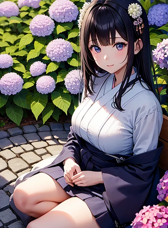 Cute Girls、Japanese、Surrounded by hydrangeas、Sitting with legs crossed、Fashionable hair ornaments、Attractive breasts