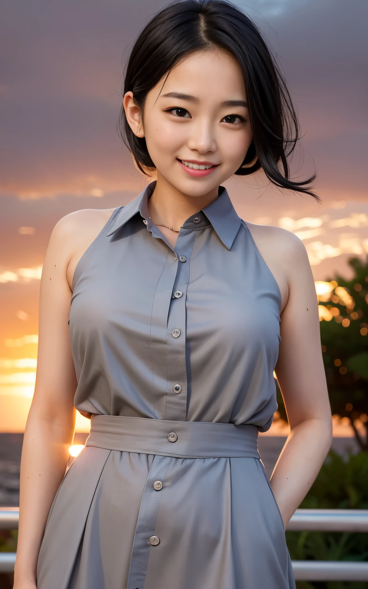 highest quality, figure, Ultra-detailed, finely, High resolution, 8K Wallpaper, 完璧なダイナミックな構figure, ((Sexy pose)), Beautiful Skin, (Big Eyes), 20 year old beautiful girl, Natural color lip, Mid chest, smile, Highly detailed face and skin texture, Detailed eyes, Double eyelid,leaking teeth and laughing, close-up, from behind, Short black hair, (Grey dress shirt:1.2), Sunset