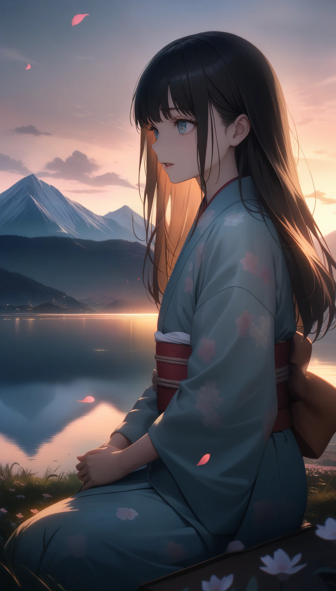 32k, best quality, ultra high res, HDR, UHD, extremely detailed CG, unity 32k wallpaper, highest quality, masterpiece, extremely detaileded, detaileded background, detaileded eyes, anime, One girl, Beautiful Eyes, Young girl, Long Hair Girl, Expressive Face, kimono, Retro, 富士山のWind景, Outdoor, sunset, Beautiful sky, Picnic on the lake, Wind景, scenery, horizon, Mountain Sitting near the mountain, Wind, petal, spring, avert your eyes, Atmospheric lighting, reflection, Naturalistic, detailed, realism. relaxation, beauty, Focus Only, close, From the side, Depth of written boundary, Bokeh,