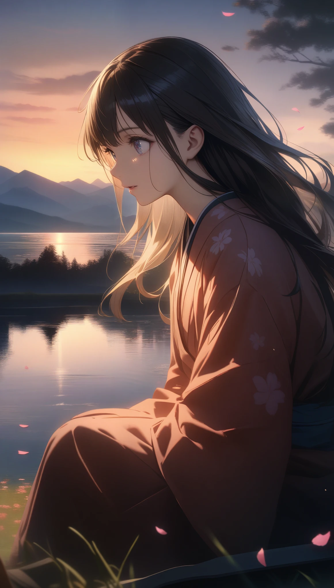 32k, best quality, ultra high res, HDR, UHD, extremely detailed CG, unity 32k wallpaper, highest quality, masterpiece, extremely detaileded, detaileded background, detaileded eyes, anime, One girl, Beautiful Eyes, Young girl, Long Hair Girl, Expressive Face, kimono, Retro, 富士山のWind景, Outdoor, sunset, Beautiful sky, Picnic on the lake, Wind景, scenery, horizon, Mountain Sitting near the mountain, Wind, petal, spring, avert your eyes, Atmospheric lighting, reflection, Naturalistic, detailed, realism. relaxation, beauty, Focus Only, close, From the side, Depth of written boundary, Bokeh,