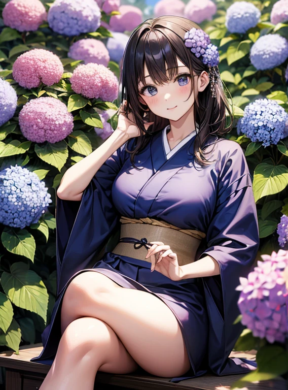 Cute Girls、Japanese、Surrounded by hydrangeas、Sitting with legs crossed、Fashionable hair ornaments、Attractive breasts