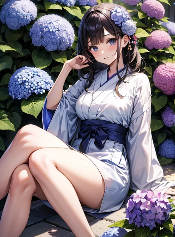 Cute Girls、Japanese、Surrounded by hydrangeas、Sitting with legs crossed、Fashionable hair ornaments、Attractive breasts