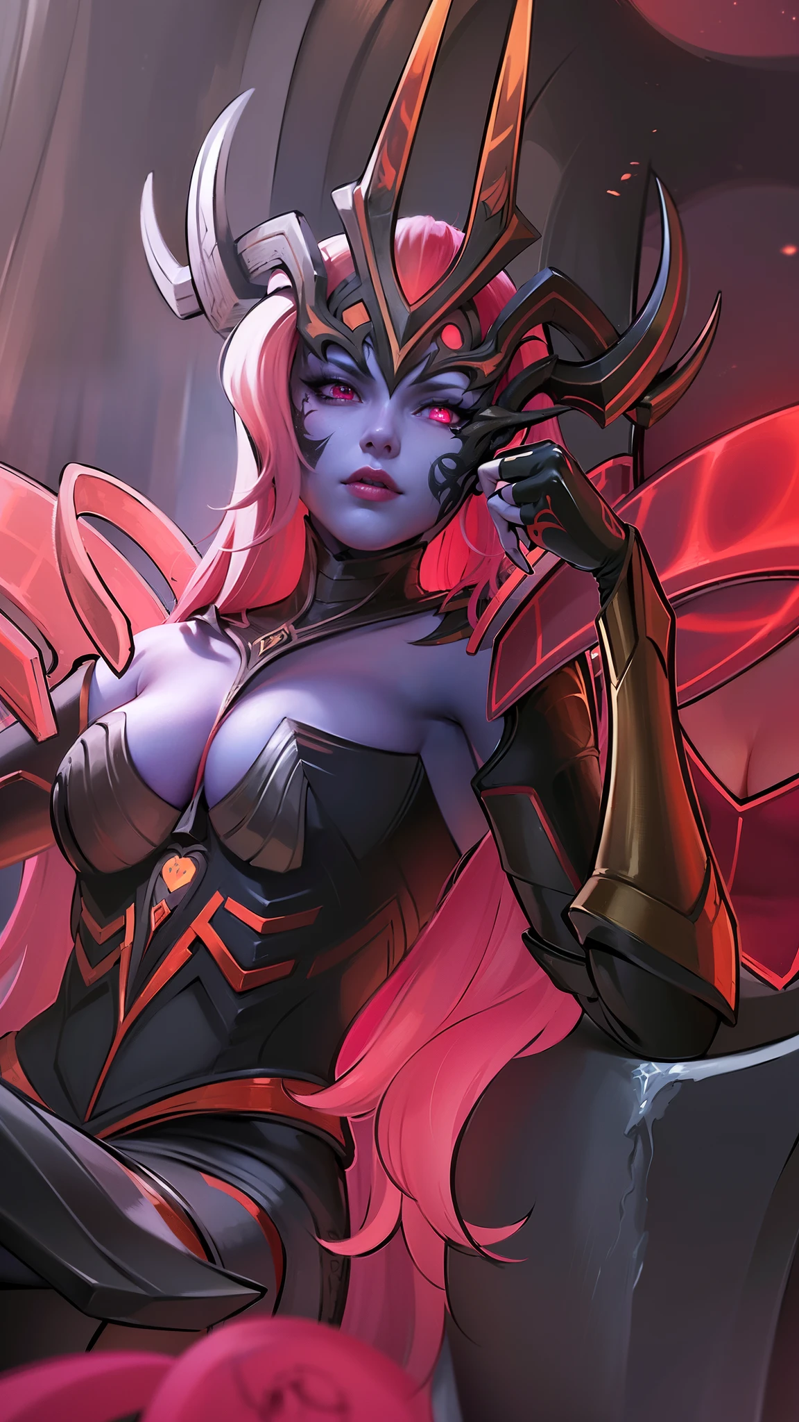 (female:1.2), 8k, ultra hd, ultra detailed texture, hyper realistic, masterpiece, detailed texture, detailed face, detailed skin, detailed lighting, (photorealistic:1.5), best quality, beautiful lighting, cinematic lighting, professional lighting, ultra highres, realistic, detailed hair, real hair, high quality, (realskin:1.5), extremely detailed, finely detail, ultra-detailed, 1girl, solo, elf, pointy ears, standing, demon horns, forehead protector, (red eyes:1.5), v-shapped eyebrow, lips, red lips, evil smile, nose, make up, pretty, beautiful, long hair, red hair, high ponytail, large , cleavagt, navel, stomach, black armor, pauldrons, bare shoulders, shoulder armor, thigh high, sleevless, detached sleeves, breastplate, gas, karina \(mobile legends\), depth of field, looking aways, white skin, skin tight, amazing pose, outdoors, glowing, dark view