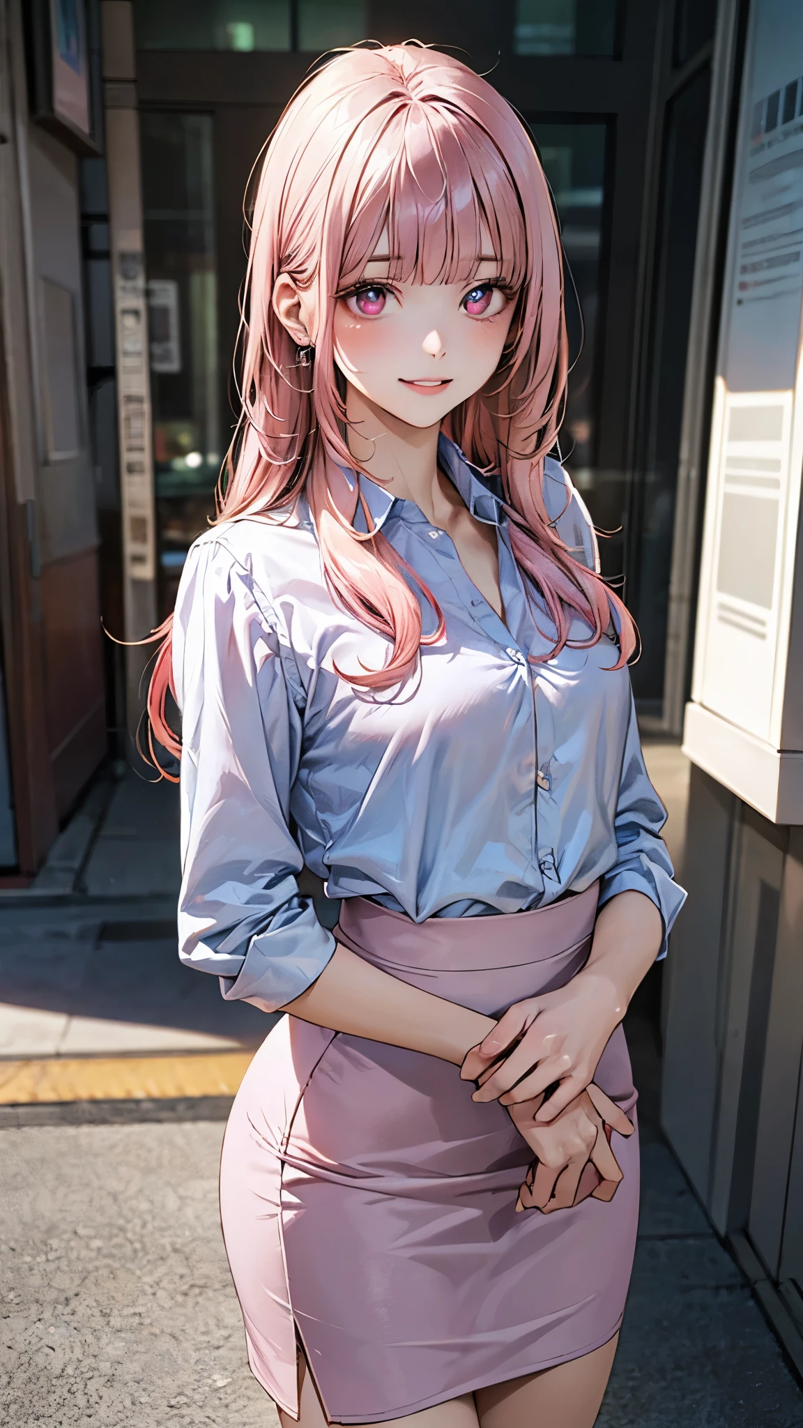 (masterpiece:1.2, top-quality), (realistic, photorealistic:1.4), beautiful illustration, (natural side lighting, movie lighting), , 
beautiful detailed hair, beautiful detailed face, beautiful detailed eyes, beautiful clavicle, beautiful body, beautiful chest, beautiful thigh, beautiful legs, beautiful hands, 
looking at viewer, 1 girl, japanese, office lady, 20 years old, perfect face, cute and symmetrical face, shiny skin, 
(very long hair, straight hair, salmon pink hair), blunt bangs, maroon eyes, slant eyes, big eyes, long eye lasher, (medium breasts, small ass, thin thighs), slender, outstanding style, 
detailed cloth texture, (light purple stripe neck ribbon, white collared shirt, (light blue pencil skirt)), 
(beautiful scenery), spring, evening, (downtown), standing, (lovely smile, parted lips), 