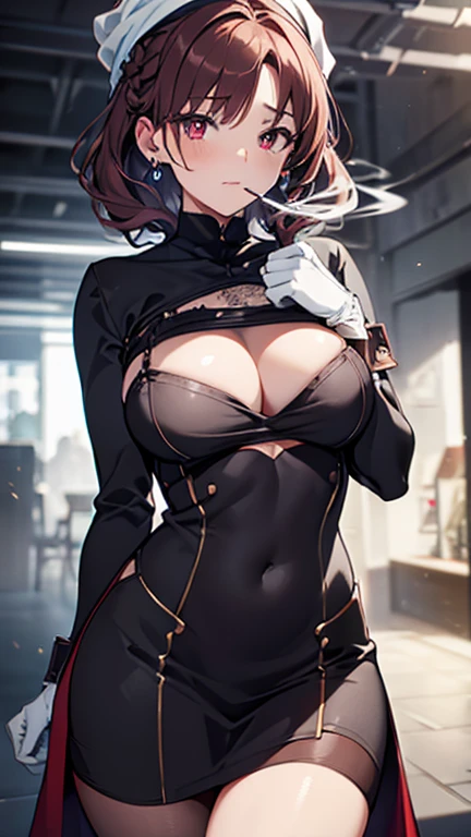 22 years old, (milf:0.8), (solo:1.5), (sfw:1.25), cute breast, beautiful breasts, medium tits, thin waist, big ass:1.0, Raised sexy, (dark mahogany medium short hair, updo, hair band, red eyes, light smile, big , Revimpling fabric, earrings, Hand gloves, detailed face,(smoking:1.3),brunette hair,detailed and beautiful eyes,beautiful detailed lips,Rolling her eyes,manner,hair over one eye, asymmetric hair, Carly hair, low tied braids),(musulman, white Headscarfs, hair bands, head vandage, Turban), (ultra high resolution, 8K RAW photo, photo realistics, thin outline:1.3, clear focus), best qualtiy, natural lighting, textile shading, blurry back ground, field depth, bokeh, (Bright pupils, fine detailed beautiful eyes with highlight:1.3, high detailed face), Red lip, fine realistic skins:1.1, looking down viewers:1.3, (dynamic angle:1.3, front view:1.1, breast focus:1.3, from below:1.2), (dynamic posing:1.5, sexy posing:1.2, leaning forward),Youghal, side lock, hair ornaments, hair band,nice,garden background,artistic rendering,Super detailed,(highest quality,4k,8K,High resolution,masterpiece:1.2),Bright colors,studio lighting ,in usa military base,