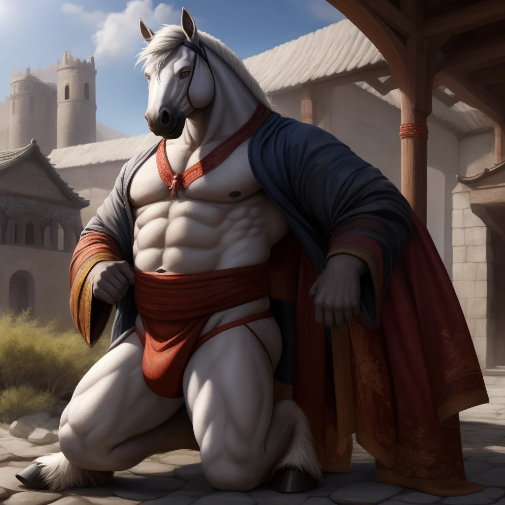 Furry, Antro, Agresivo, [Horse color Negrol] , Half side pose , [Fundoshi Blanco Bulto Male Big], [(Fundoshi Blanco) ajustado], Solo, Clothes kimono Japones Masculino, Hatamoto, [Bulto Male Big], Bigg Balls, Hooves , (Tail Horse equine), Detallado 4k, cuerpo completo, cuerpo furry Black dark, Fonde de Desierto con Eclipse solar Total, Eyes Pupil Marron, Alta resolucion, silver Hair, Baston Recto largo , Clothes China, Ropa Tradicional, cinturon de Cuerda Blanca, vendas en tobillo, Medieval Clothes, China