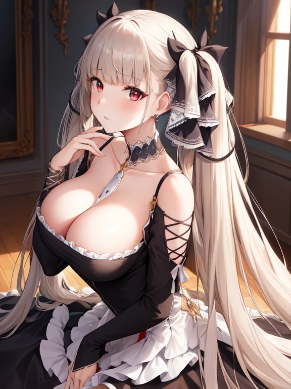 (masterpiece, best quality1.2),illustration,8k,hd,1girls,solo,hand up,(portrait:1.2),long_hair,large_breasts,red_eyes,very_long_hair,bangs,twintails,ribbon,grey_hair,cleavage,hair_ribbon,two-tone_ribbon,between_breasts,black_dress,dress,frills,bare_shoulders,frilled_dress,long_sleeves,two-tone_dress,jewelry,earrings,in the living room