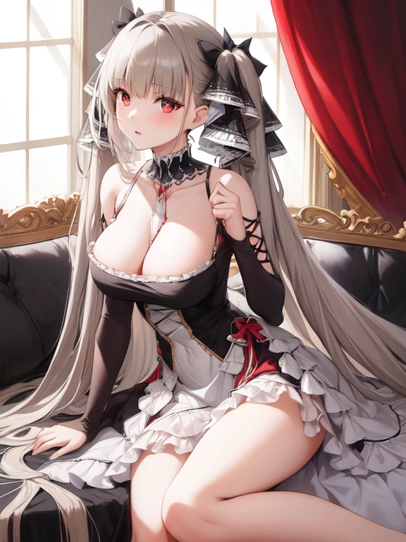 (masterpiece, best quality1.2),illustration,8k,hd,1girls,solo,hand up,(portrait:1.2),long_hair,large_breasts,red_eyes,very_long_hair,bangs,twintails,ribbon,grey_hair,cleavage,hair_ribbon,two-tone_ribbon,between_breasts,black_dress,dress,frills,bare_shoulders,frilled_dress,long_sleeves,two-tone_dress,jewelry,earrings,in the living room