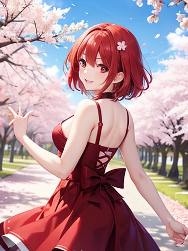 Red Hair,short hair,girl,Cherry blossoms are dancing,Double,Red Eyes,smile,Turning around