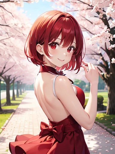 Red Hair,short hair,girl,Cherry blossoms are dancing,Double,Red Eyes,smile,Turning around