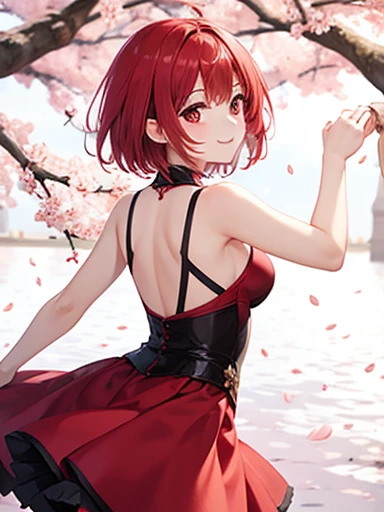 Red Hair,short hair,girl,Cherry blossoms are dancing,Double,Red Eyes,smile,Turning around