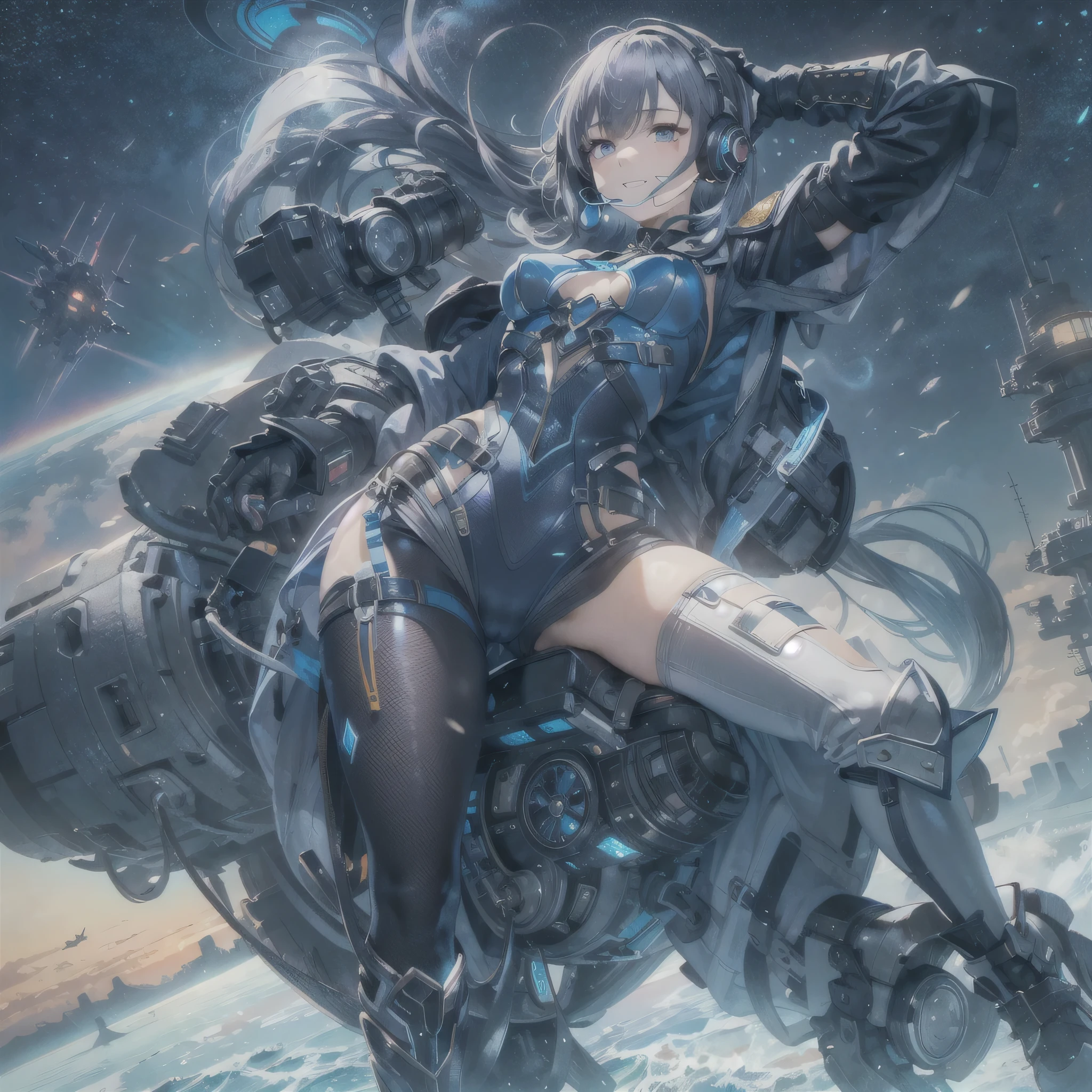 (masterpiece、highest quality、Highest Resolution、Clear_image、Detailed details、Angle from above): (Whole body、One 20 year old girl、Japanese Faces、Small Face、Slender、Navy blue super short bob cut hair、(Hidden small breasts:1.3)、Sparkling blue eyes、Shiny pilot suit in blue and black colors、Chest protection armor、Tight fitting clothes、Clothing that covers the whole body、Glamorous clothes、Tight Fit Pants、Hide your skin、Very delicate and beautiful、Detailed Skin、hide thighs、Hide your ass、Cute、A gentle smile、Soft expression、heroine、headset、Knee-high boots、Elbow-length gloves、Eye Level Shot、Face directly、Woman on a spaceship)