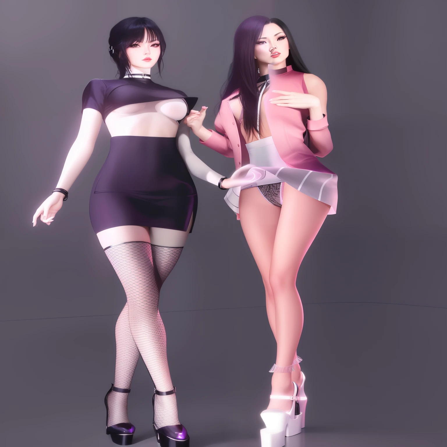 two women in short dresses are standing next to each other, inspired by Wang Duo, nixeu and sakimichan, black-white skintight robes!, style is a blend of æon flux, fashion pose, lacivious pose, möbius and æon flux, style mix of æon flux, e - girl, e-girl