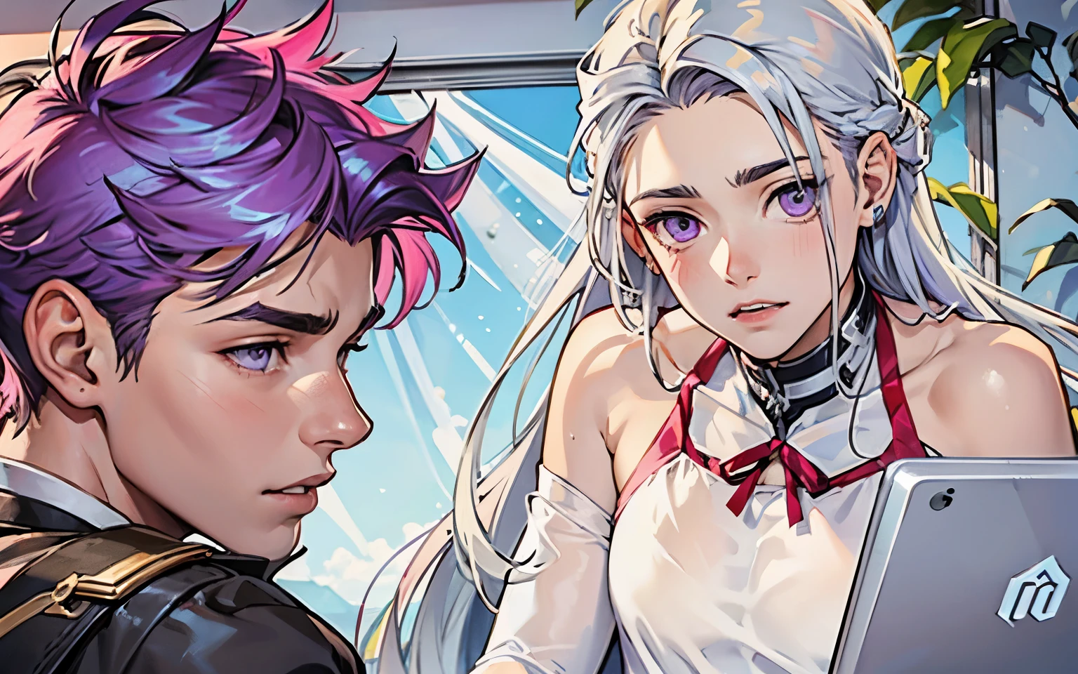 cute 16 year old boy purple hair purple eyes, con una chica de cabello gris ojos grises estan hablando estan tristes