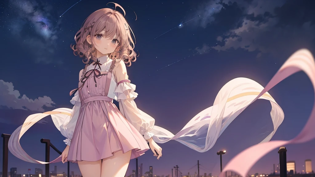 From afar、Slim and long, 1 girl、Very delicate and beautiful girl, Young girl, Light purple and brown short hair, Ahoge、Long Curly Hair, ribbon、Gradient Hair、inner hair color, Beautiful details, Medium Chest, Pastel colored clothes,Beautiful night sky、whole body、Thick thighs