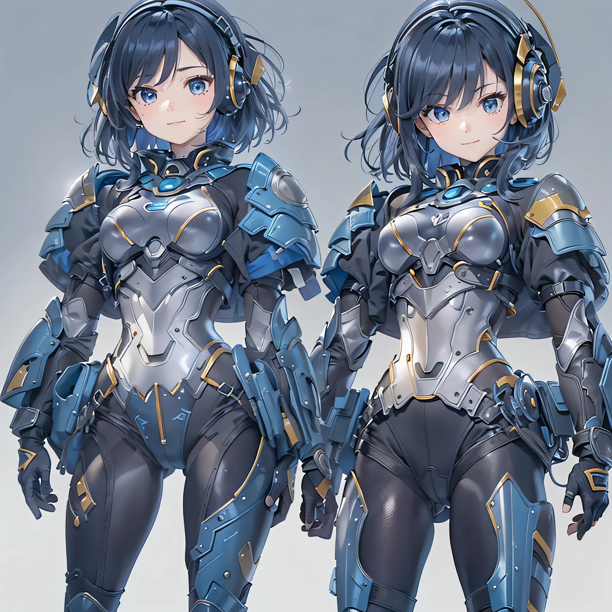 (masterpiece、highest quality、Highest Resolution、Clear_image、Detailed details、Angle from above): (Whole body、One 20 year old girl、Japanese Faces、Small Face、Slender、Navy blue super short bob cut hair、(Hidden small breasts:1.3)、Sparkling blue eyes、Shiny pilot suit in blue and black colors、Chest protection armor、Tight fitting clothes、Clothing that covers the whole body、Glamorous clothes、Tight Fit Pants、Hide your skin、Very delicate and beautiful、Detailed Skin、hide thighs、Hide your ass、Cute、A gentle smile、Soft expression、heroine、headset、Knee-high boots、Elbow-length gloves、Eye Level Shot、Face directly、Woman on a spaceship)