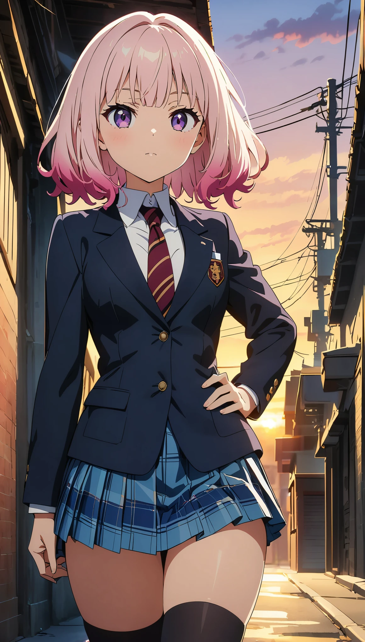 (highest quality:1.2, Anime artwork, Anime Style, Studio Anime, Very detailed, up to date, Vibrant, Anime Coloring, High Contrast, masterpiece:1.2, highest quality, Best aesthetics), blue plaid pleated skirt:1.5, Red tie:1.5, Black blazer, (Private School Uniforms), Beautiful thighs, Black knee-high socks, Gradient Hair, triple bun, Perfect body line, Skin with attention to detail, cute, Detailed face, (((Backwards:1.4, Random Pause))), at school, Accurate Fingers, evening, Illuminated by the setting sun, Soft lighting,
