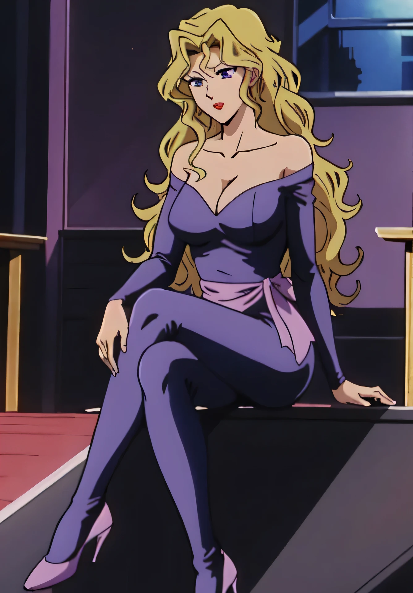 masterpiece、highest quality、Anime Women、solo、Watching the audience、laugh at、Long Hair、Blonde、eyelash、lipstick、Purple Eyes、Wavy Hair、Big Breasts、A woman with very large breasts、collarbone、Purple bodysuit、Off the shoulder、Long sleeve、Pink sash、High heels、