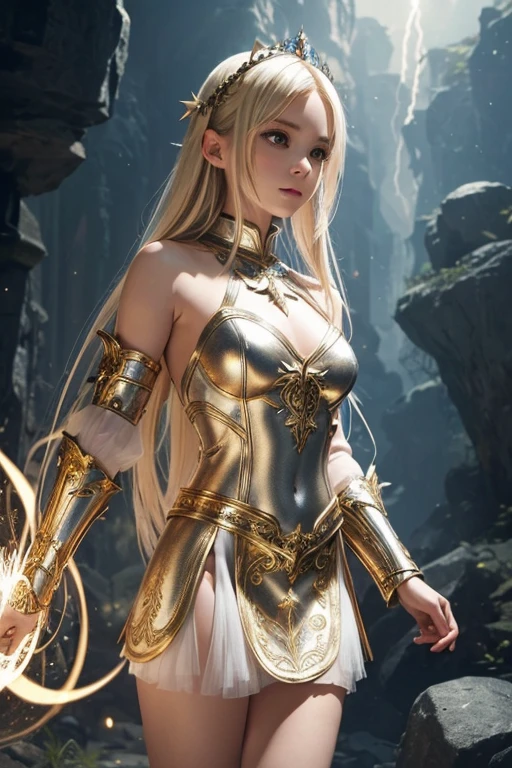 Female pig tail blond hair dark fantasy girl wearing an intricate elaborate futuristic light gold armor with white mini dress with elaborated silver ornaments, white short mini skirt, wearing a large staff, conjuring a magic circle, stars, wester land, big rock behind, ethereal lightning, sharp focus