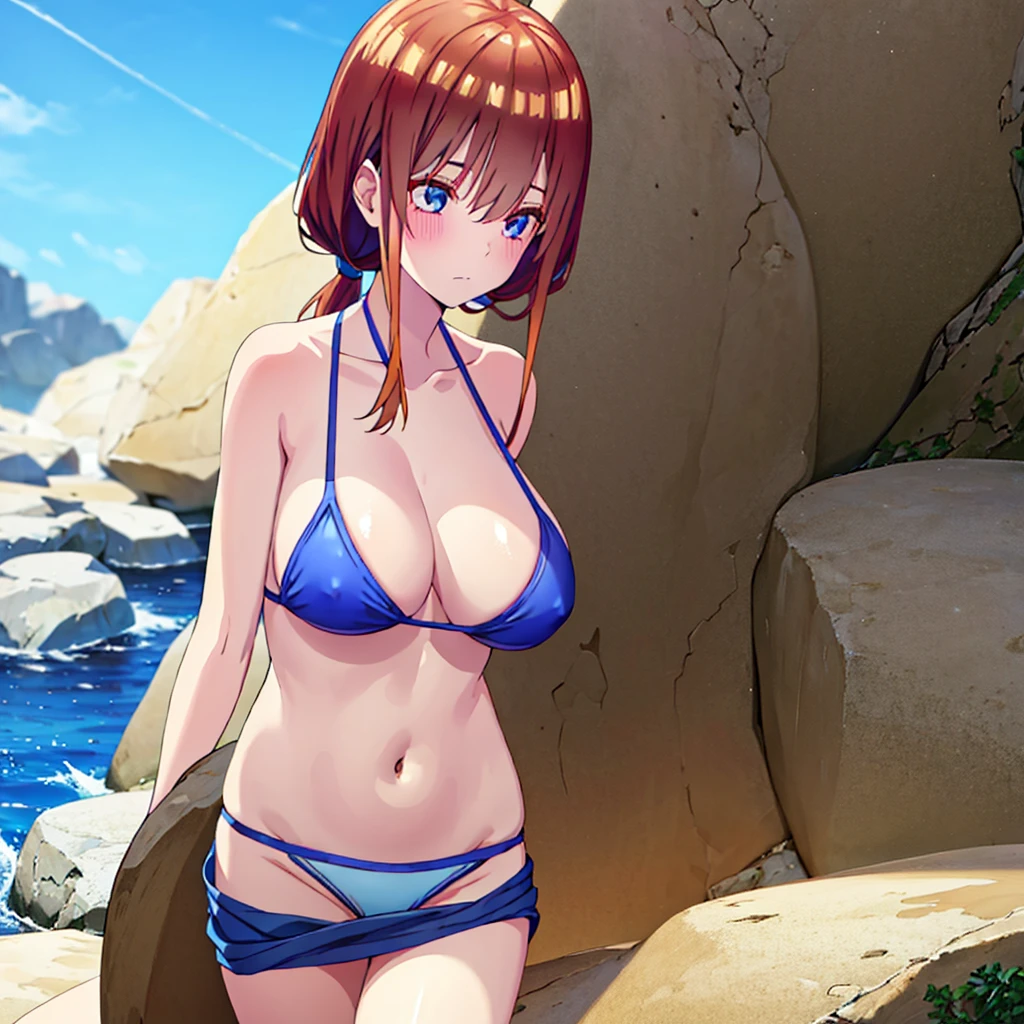 Blue bikini swimsuit、Big Breasts、Shoulders stick out、belly button、Shy face、blush、valley、exposing nipples、Simple solid color background、brown hair、、Upper Body、Twin tails、Facing forward