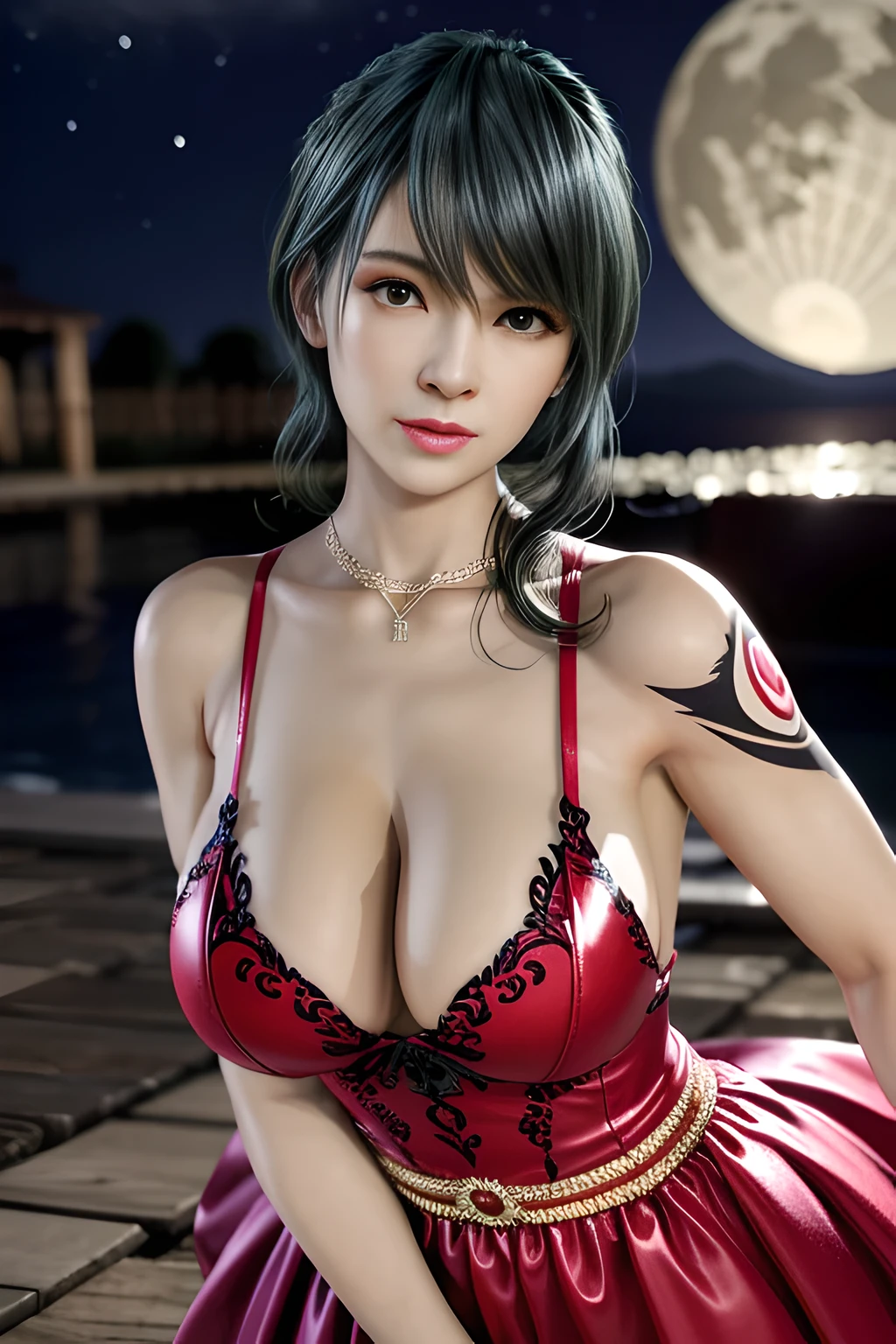 1 girl,lean over WINK, (dark red Wedding Dress,see-through), nighttime,moon,( huge breasts:1.1),cleavage,shiny skin,lip gloss,( tattoos:1.2), masterpiece, best quality, realistic ,Surrealism,Rich artistic colors,natural colors art in 8k,3D,Portrait art,solo, tamaki