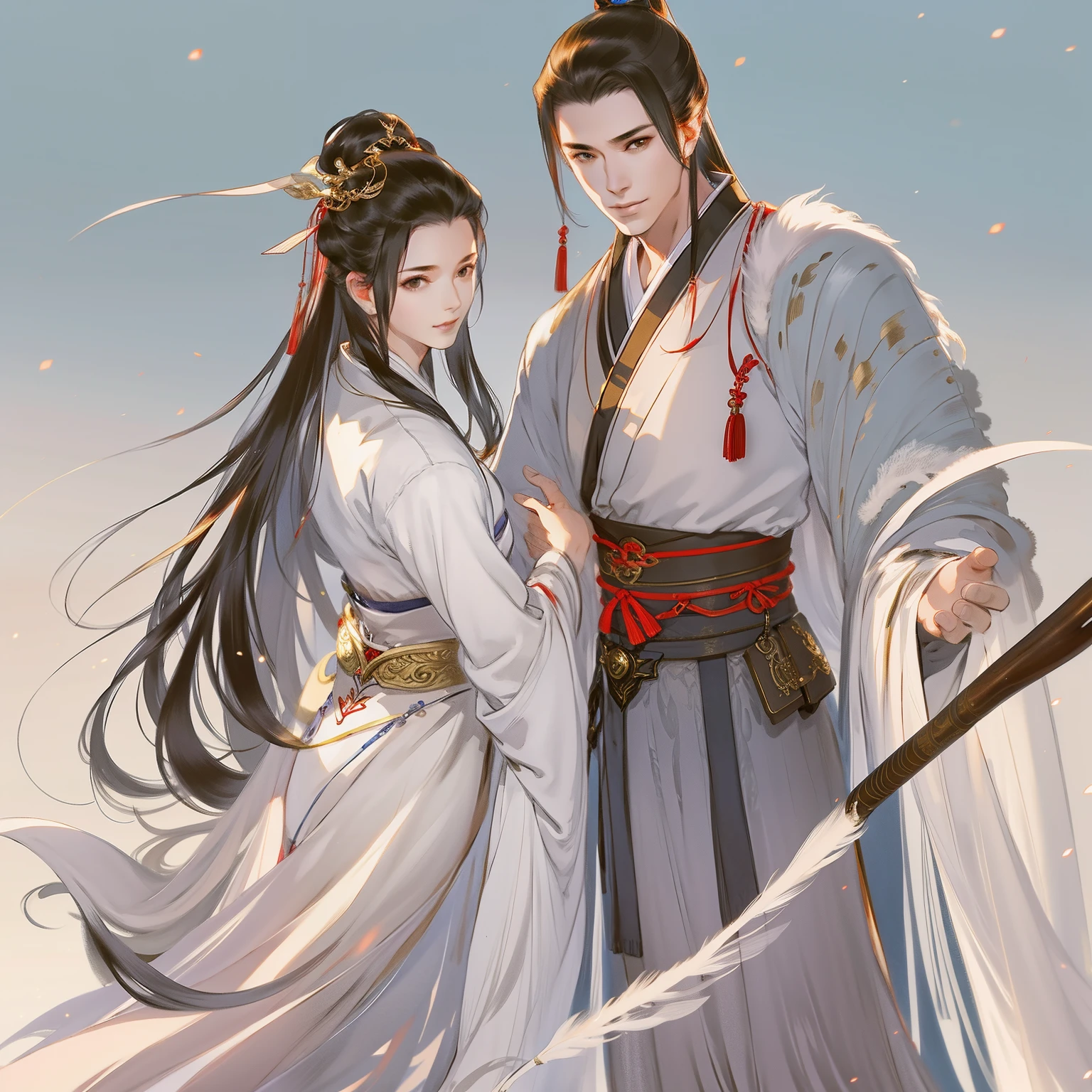 Chinese handsome men and beautiful women, Full body portrait, Look at each other, Gentle eyes, Clear facial features, wearing a red Hanfu, apparel, King's temperament, Film Rim Light, exquisite lighting, masterpiece, Ultra Detailed, Epic creation, Ultra HD, high quality, best quality, 32k