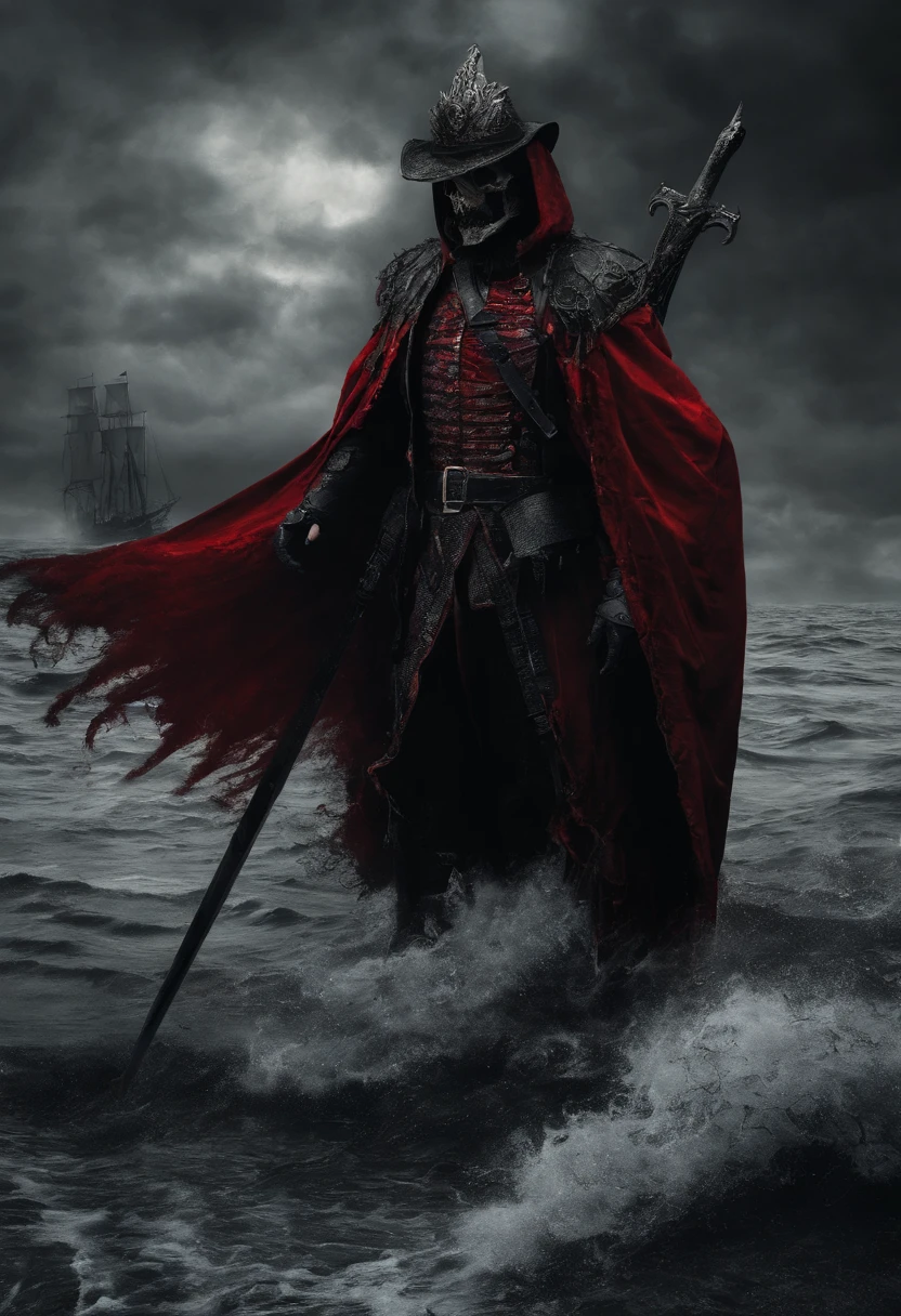 Dark army with red sword，captain&#39;Feathered hat，Red Cape，Standing on the pitch black sea，