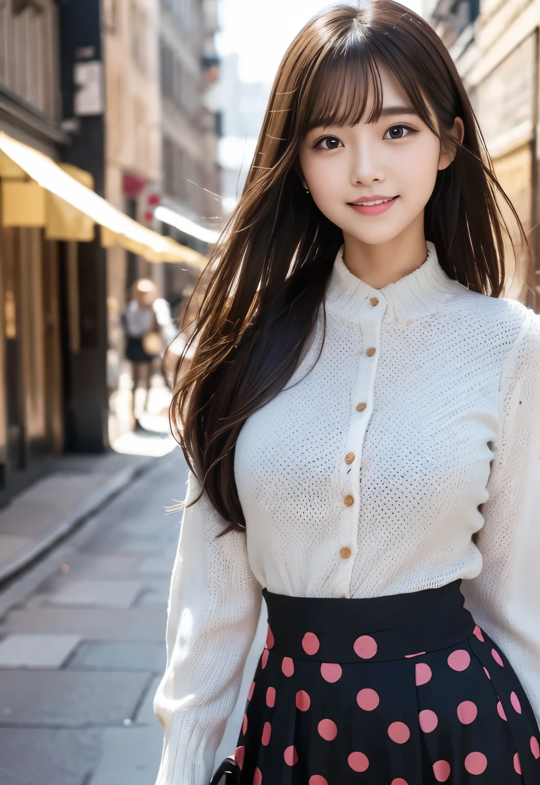 (masterpiece, best quality:1.1), (8k, raw photo, photo realistic:1.2, f22), (shiny skin), detailed skin,long hair,detailed face, detailed eyes, smile,BREAK, real world, intricate details, smil, BREAK, 1girl, (Polka dot pattern,skirt), BREAK, (city:1.4), BREAK