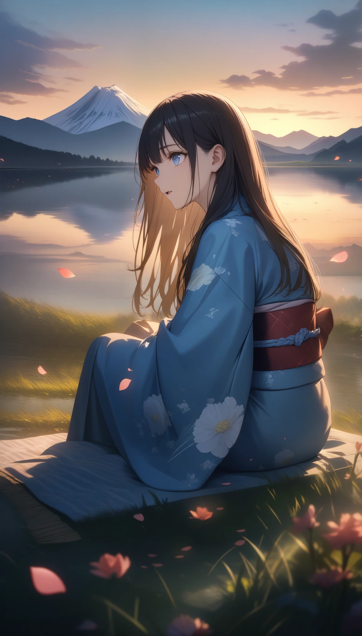 32k, best quality, ultra high res, HDR, UHD, extremely detailed CG, unity 32k wallpaper, highest quality, masterpiece, extremely detaileded, detaileded background, detaileded eyes, anime, One girl, Beautiful Eyes, Young girl, Long Hair Girl, Expressive Face, kimono, Retro, 富士山のWind景, Outdoor, sunset, Beautiful sky, Picnic on the lake, Wind景, scenery, horizon, Mountain Sitting near the mountain, Wind, petal, spring, avert your eyes, Atmospheric lighting, reflection, Naturalistic, detailed, realism. relaxation, beauty, Focus Only, close, From the side, Depth of written boundary, Bokeh,