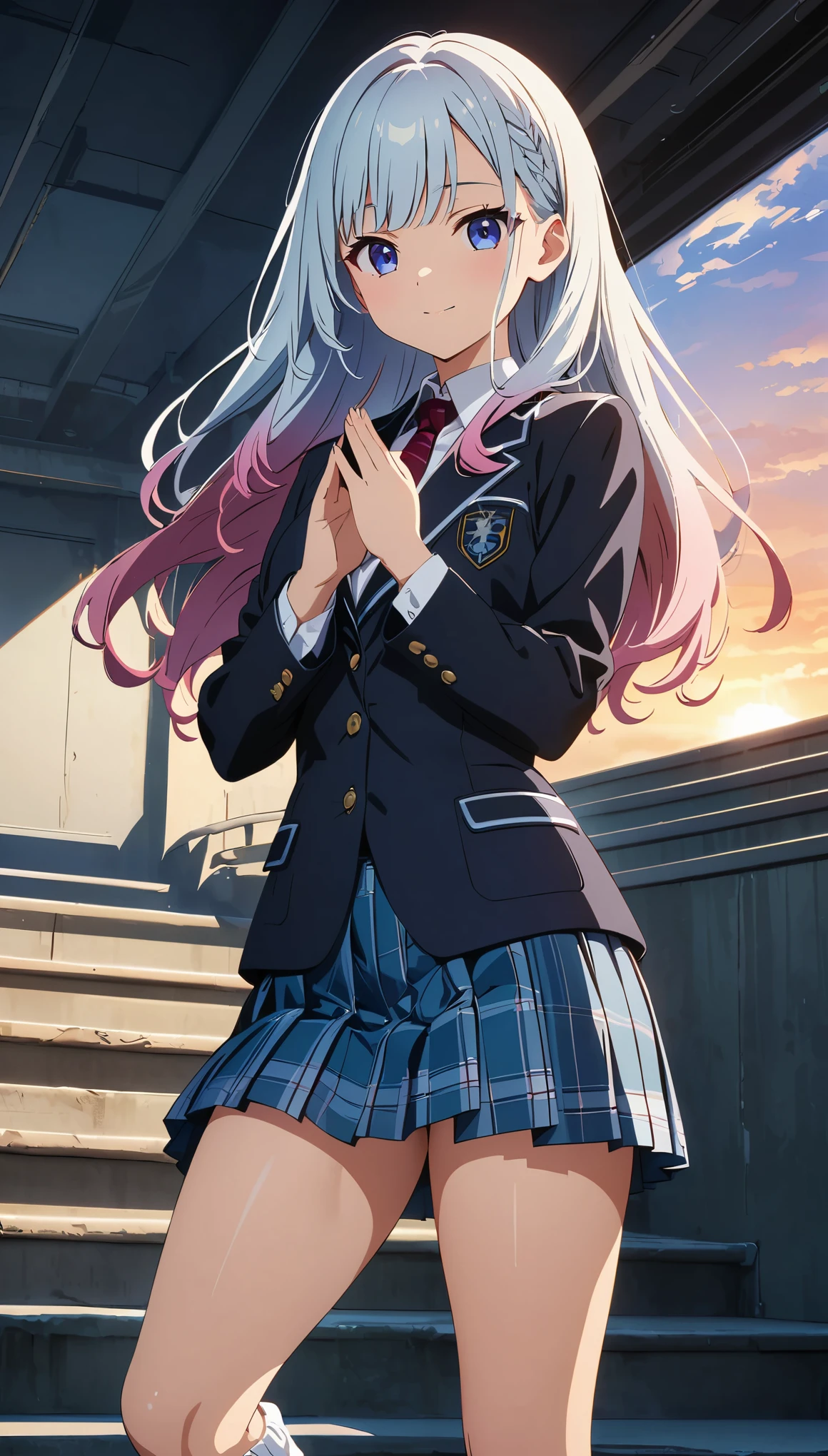 (highest quality:1.2, Anime artwork, Anime Style, Studio Anime, Very detailed, Latest, Vibrant, Anime Coloring, High Contrast, masterpiece:1.2, highest quality, Best aesthetics), Blue plaid pleated skirt:1.5, Red tie:1.5, Black blazer, (Private School Uniforms), Beautiful thighs, loose socks, Gradient hair, cornrows, Perfect body line, Skin with attention to detail, cute, Detailed face, Open your hands, stage, Department Wah Street, Accurate Fingers, evening, Illuminated by the setting sun, Soft lighting,