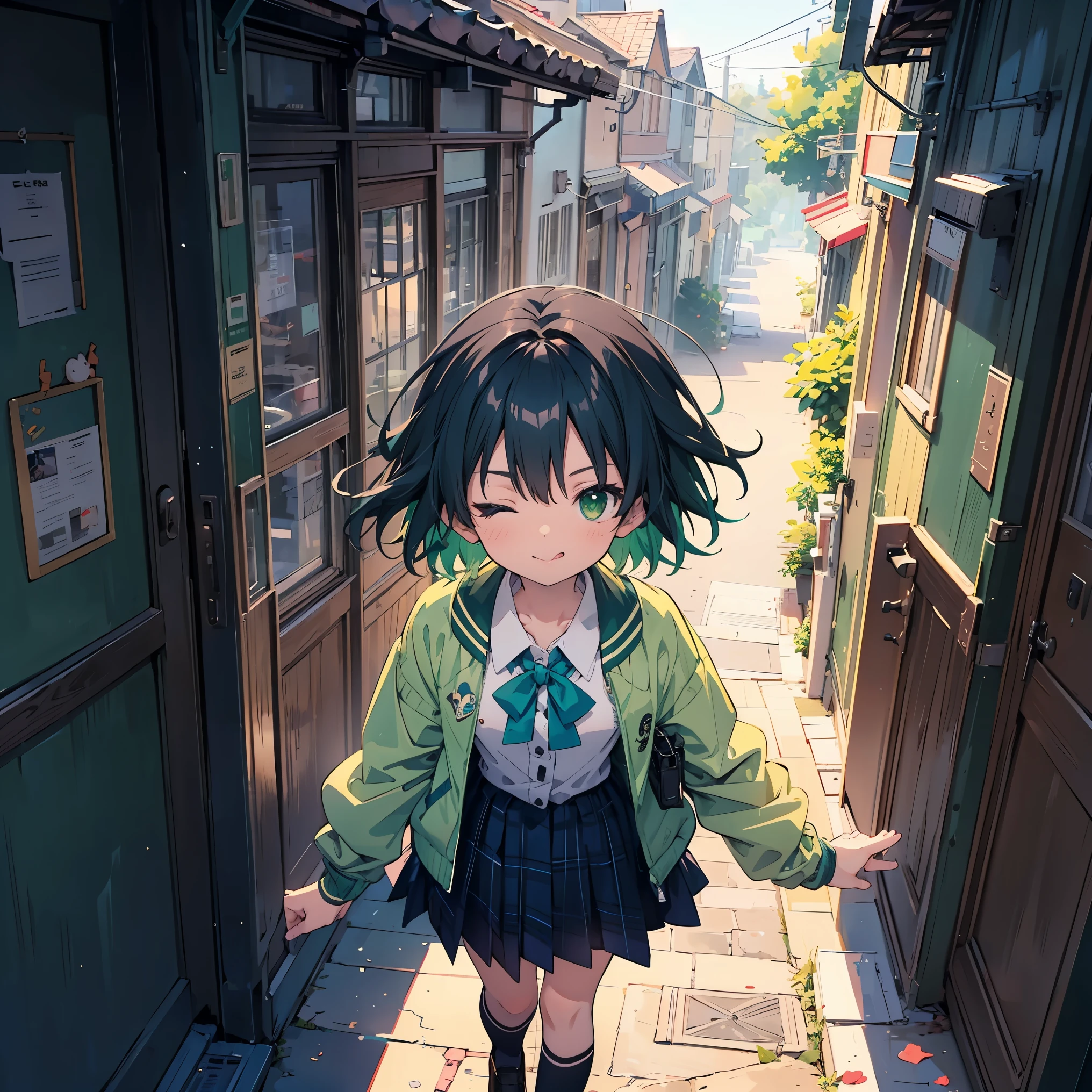 (masterpiece:1.2), (highest quality:1.2), Ultra-high resolution, Super detailed, Character Sheet, Perfect Eyes, Perfect Face, Perfect lighting,((Anime girl on her way to school)), shoot from above, happy, tongue out, one eye closed, wink, Surreal girl, (1 person,Lolita,boyish, , :1.3),Full Finger,, Androgynous charm, (Very short hair), ((Black Hair)), Messy Hair, small and soft breasts,Slender body, Small Ass, Small green eyes,Detailed and beautiful eyes, Well-proportioned iris and pupil, Expressive eyes, Beautifully detailed lips, High resolution detailed hair, ((Light green jacket:1.4)),(White shirt:1.4),((Checked Skirt)), Light green socks, Brown Loafers, Student bag, Ultra-dense skin,Main Street, ((morning)), Gweiz-style artwork, Makoto Shinkai's art style, lofi portrait, Digital anime art, Makoto Shinkai style, LOFI Girl, Anime-style illustrations, lofi art style, Anime illustration