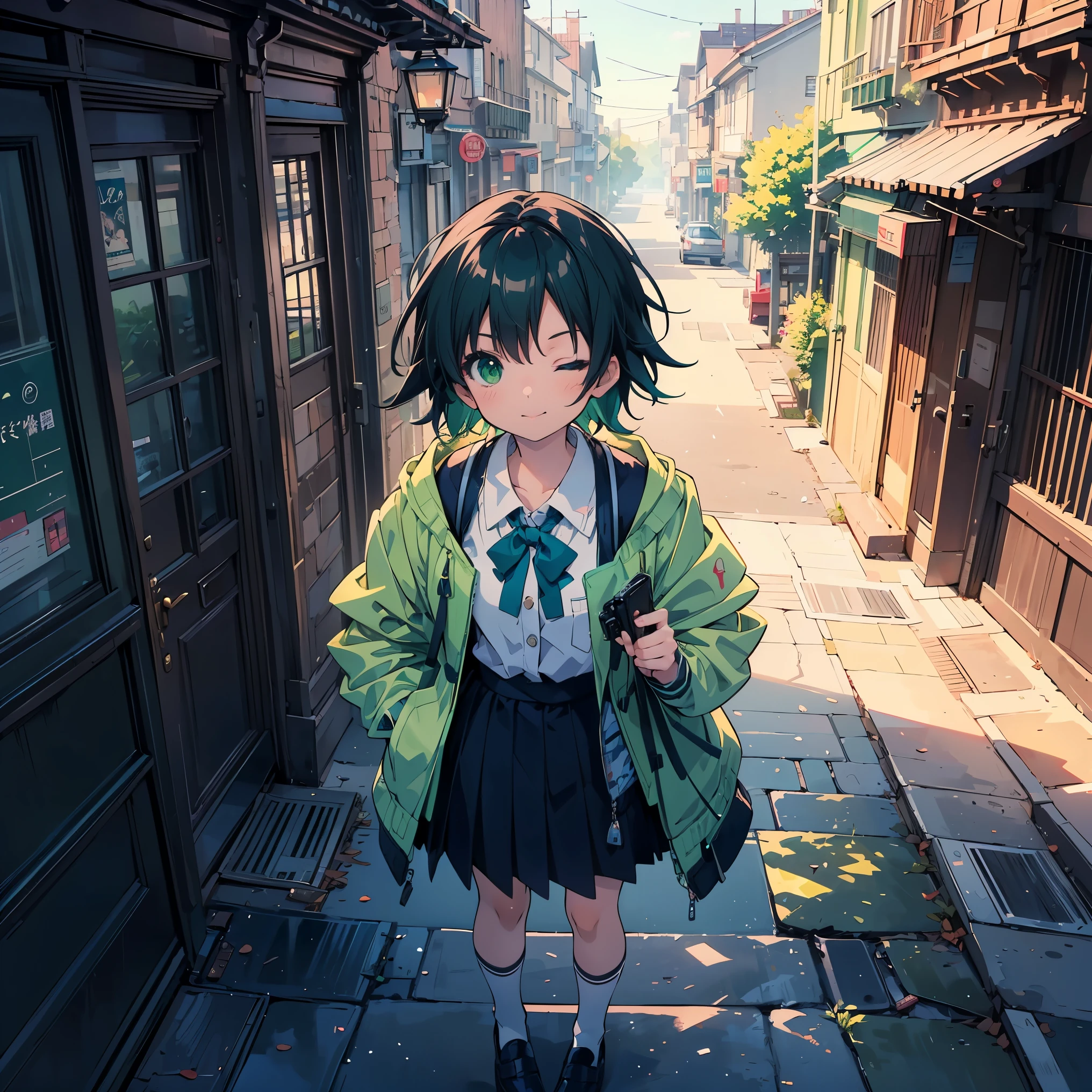 (masterpiece:1.2), (highest quality:1.2), Ultra-high resolution, Super detailed, Character Sheet, Perfect Eyes, Perfect Face, Perfect lighting,((Anime girl on her way to school)), shoot from above, happy, tongue out, one eye closed, wink, Surreal girl, (1 person,Lolita,boyish, , :1.3),Full Finger,, Androgynous charm, (Very short hair), ((Black Hair)), Messy Hair, small and soft breasts,Slender body, Small Ass, Small green eyes,Detailed and beautiful eyes, Well-proportioned iris and pupil, Expressive eyes, Beautifully detailed lips, High resolution detailed hair, ((Light green jacket:1.4)),(White shirt:1.4),((Checked Skirt)), Light green socks, Brown Loafers, Student bag, Ultra-dense skin,Main Street, ((morning)), Gweiz-style artwork, Makoto Shinkai&#39;s art style, lofi portrait, Digital anime art, Makoto Shinkai style, LOFI Girl, Anime-style illustrations, lofi art style, Anime illustration