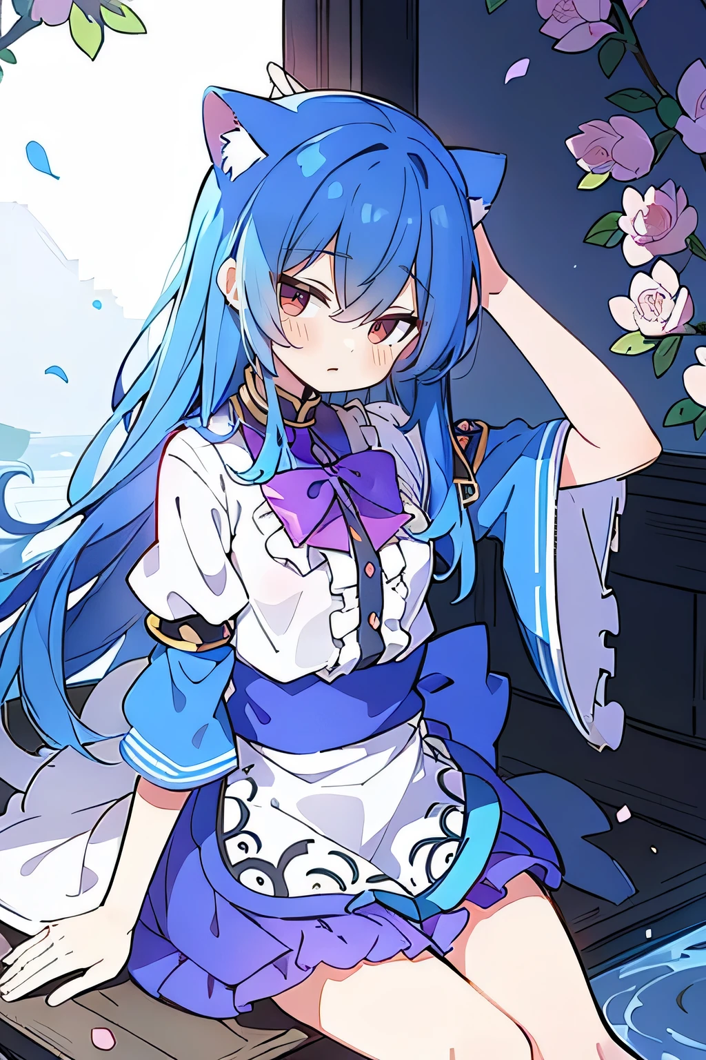 (masterpiece:1.2),ultra-detailed,realistic,expressive eyes,fair-skinned,perfectly shaped face,1girl,
Japanese cartoons,Gorgeous blue hair, flowing blue hair,floating clothes,cat ears,petals falling,beautiful Lola,Hina Angel,
hands on waist,gracefully sitting on the ground,legs crossed,gentle and serene background,cool and comfortable pavilion.