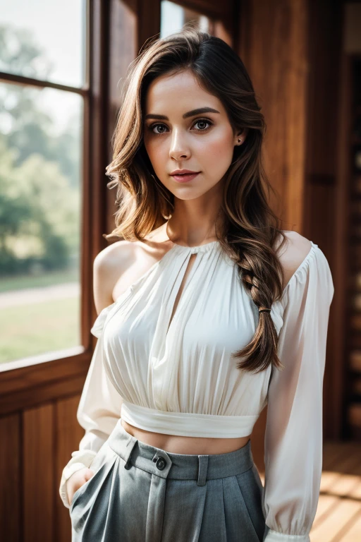 Alison Brie, Beautiful Woman, players perspective, Lens Flare, f/2.8, 50mm, Leica, Braids, (Masterpiece, Top Quality, High Resolution:1.4), 1 girl, 25 years old, medium breasts, abs, skin pore texture, wavy shoulder length hair, HD 4K, 8K, photo, cinematic, full body, realistic, (8K, RAW photo, Top Quality, Masterpiece:1.2), (realistic, photo-realistic:1.33), best quality, detailed eyes, cute, natural light, depth of field, film grain, wrinkled skin, sharp, detailed and realistic woman, staring at camera, ruffled lips soft natural light, portrait photography, magic photography, dramatic lighting, photorealism, super detailed, intimate portrait composition, elegant white blouse and high-waisted trousers.