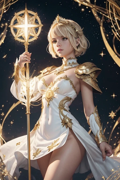 (master piece:1.5), (best quality:1.5), 8k,wallpaper, Full Body, Female short blond hair dark fantasy girl wearing an intricate elaborate futuristic light white armor with white mini dress with elaborated gold ornaments, white short mini skirt, wearing a large staff, conjuring a magic circle, stars, wester land, big rock behind, ethereal lightning, sharp focus