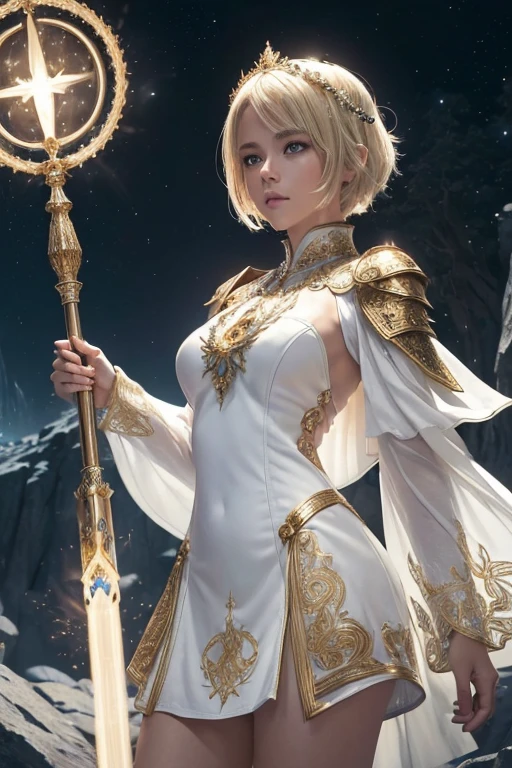 (master piece:1.5), (best quality:1.5), 8k,wallpaper, Full Body, Female short blond hair dark fantasy girl wearing an intricate elaborate futuristic light white armor with white mini dress with elaborated gold ornaments, white short mini skirt, wearing a large staff, conjuring a magic circle, stars, wester land, big rock behind, ethereal lightning, sharp focus