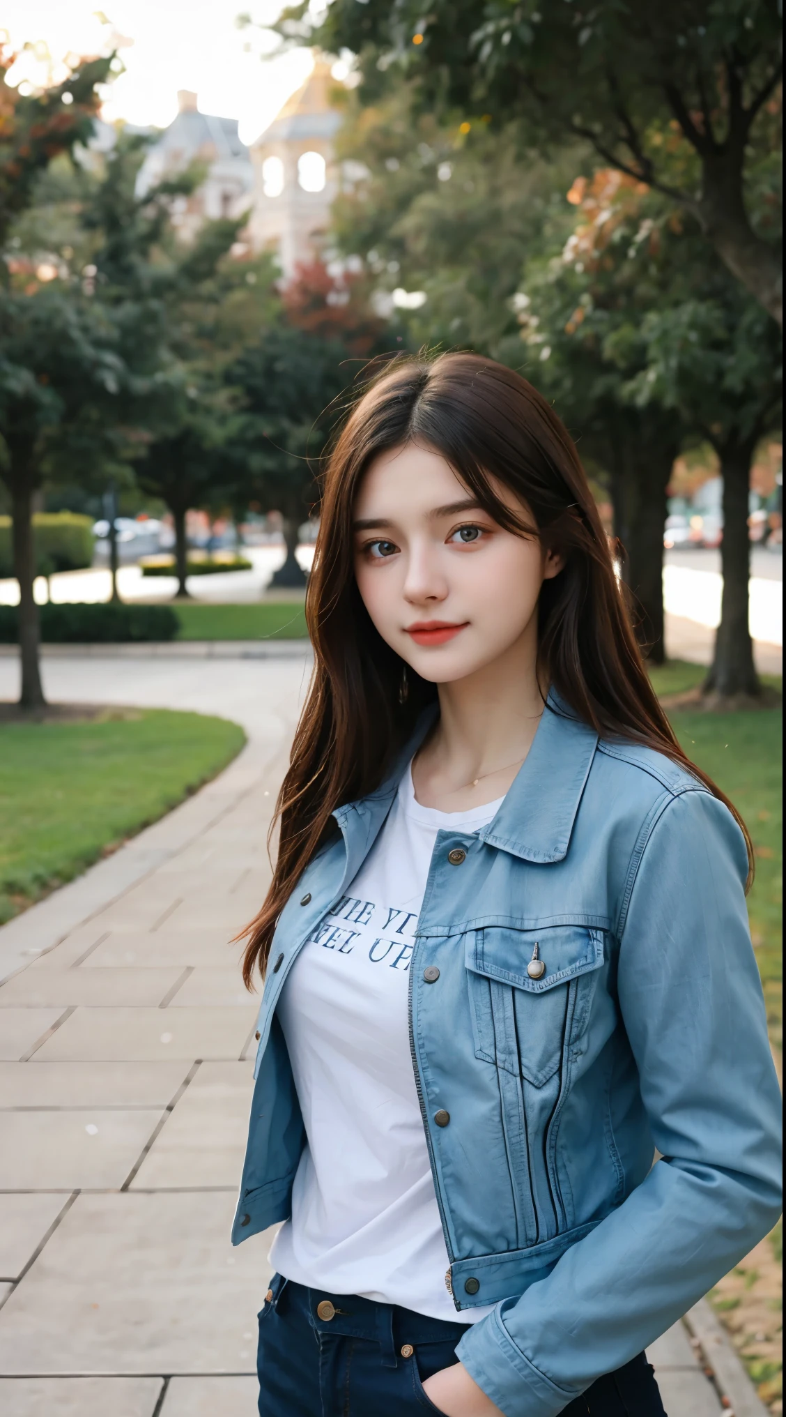 Gorgeus Girl, Beautiful, Baby Face, 20 Years Old, White Skin, Beside, Sexy Pose, long red t-shirt, Blue Eye, Bokeh, park Background, Masterpiece, asking for a hug, full body Shot, open arms, Leather Jacket Long Sleeve Zipper