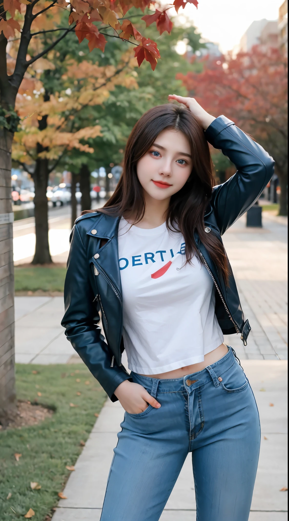 Gorgeus Girl, Beautiful, Baby Face, 20 Years Old, White Skin, Beside, Sexy Pose, long red t-shirt, Blue Eye, Bokeh, park Background, Masterpiece, asking for a hug, full body Shot, open arms, Leather Jacket Long Sleeve Zipper