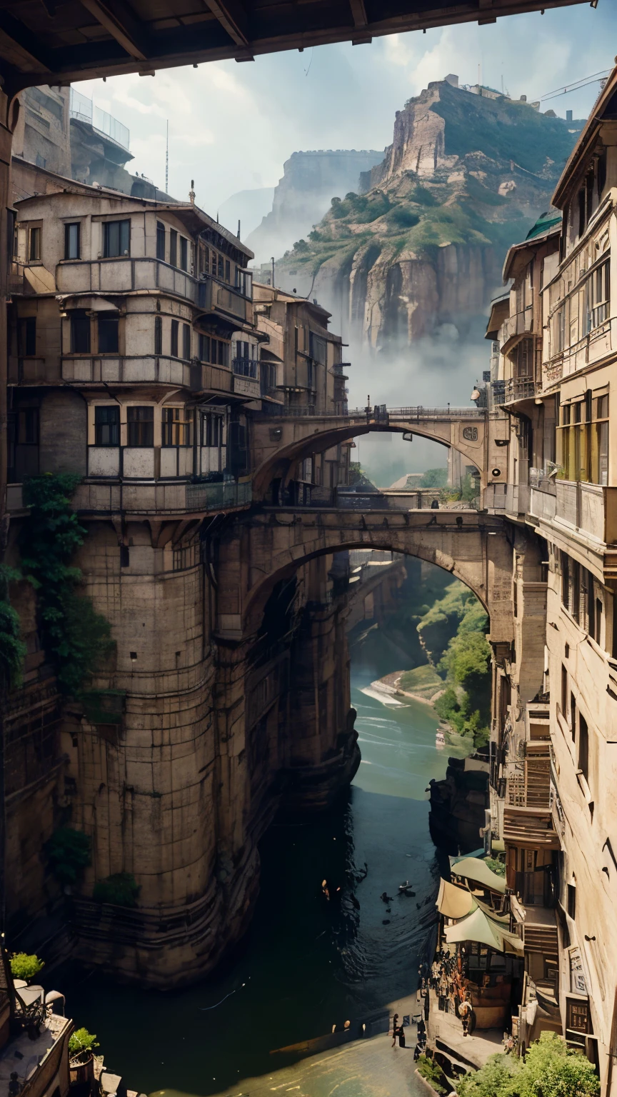 ((masterpiece)),((best quality)),((high detial)),((realistic,))
Industrial age city, deep canyons in the middle, architectural streets, bazaars, Bridges, rainy days, steampunk, European architecture