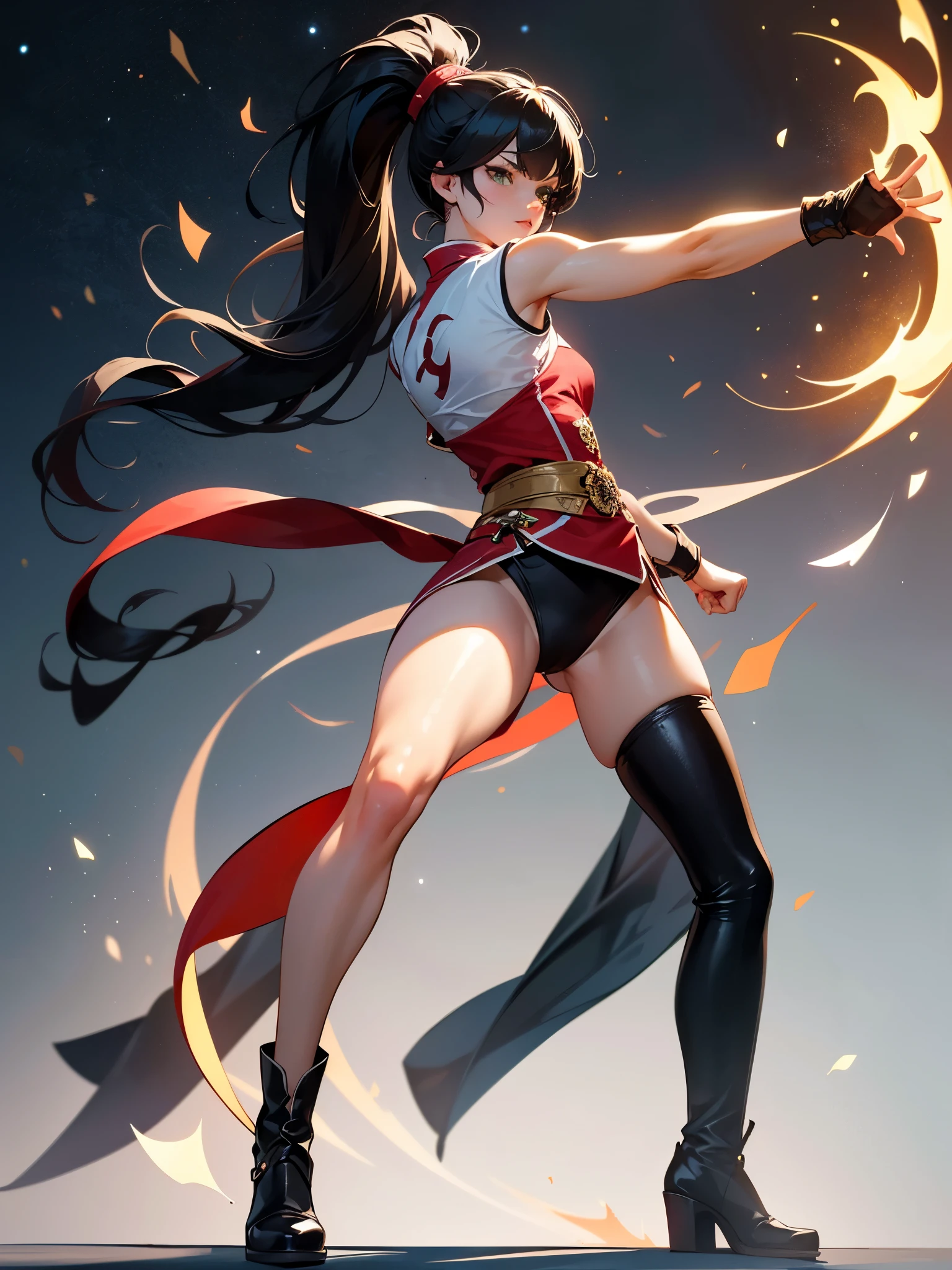 masterpiece, highest quality, solo, solo focus, (perfect face:1.1), (high detail:1.1), 1girl, mature lady, tall body, age 26, street brawler, (black hair, long hair, ponytail hair, right side bangs), green eyes, chinese fighting uniform, red sleeveless wushu uniform, black leotard, bare legs, thighhighs, white knee high boots, dynamics fighting pose, fighting stance, fighting tournament ring backdrop, serious, determined, mixed martial arts fighter, her body infused with red aura, red stellar energy around, cosmic power, cosmic shining power, full body shot, cowboy shot.