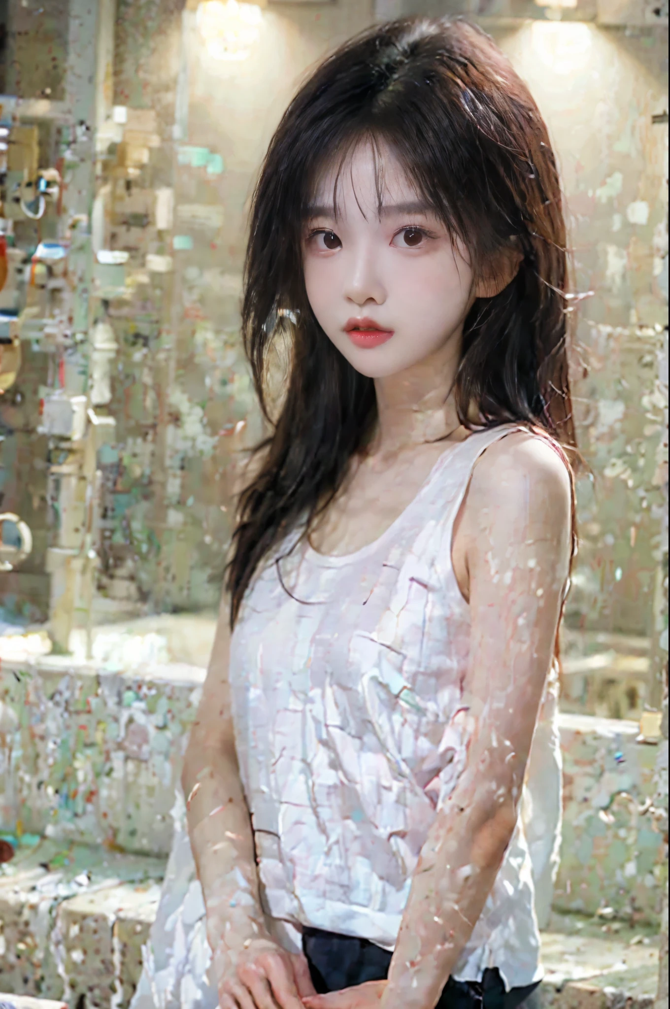 16 years oldの少女, highest quality, masterpiece, girl, Black Hair, 黒のショートパンツhighest quality, masterpiece, (8k, RAW Photos, highest quality, masterpiece: 1.2), Super detailed, Super Resolution, (Genuine, Genuine photos: 1.37), Plain black tank top, Photorealistic beauty, Japanese women, Straight face, nice, 16 years old, cute,　beautiful girl, 恋するgirl, Very embarrassed, Looking up, really like, Slender, Textured skin, Anatomically correct, Attention to detail, highest quality, Proper head and body balance, Black Hair, Short Bob, highest quality, Full body image, looking at the camera, Very embarrassed, You&#39;ll love it, Love overflows,