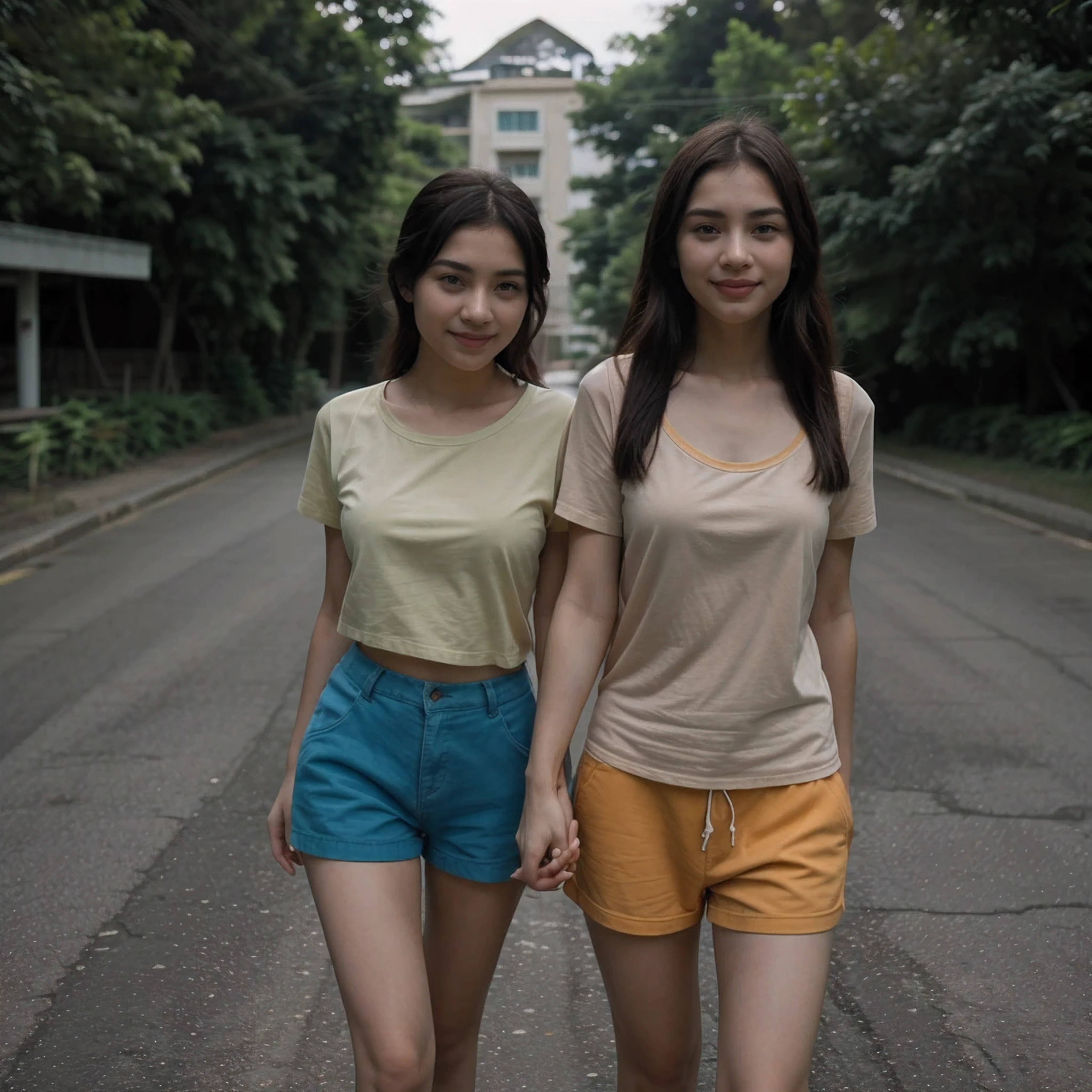 Beautiful Thai girl, 24, smiling, wearing a colored shirt and shorts, walking along the side of the road.