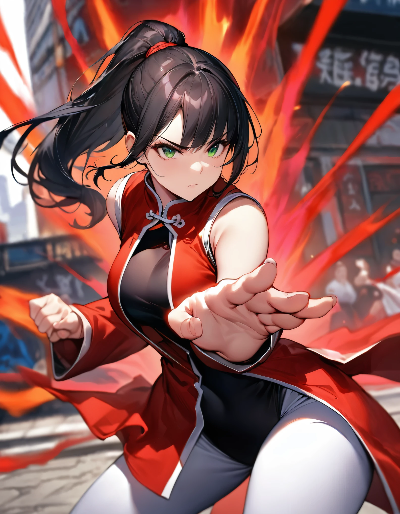 masterpiece, highest quality, solo, solo focus, (perfect face:1.1), (high detail:1.1), 1girl, mature lady, tall body, age 26, street brawler, (black hair, long hair, ponytail hair, right side bangs), green eyes, chinese fighting uniform, red sleeveless wushu uniform, black leotard, solid full high leggings, white knee high boots, dynamics fighting pose, fighting stance, fighting tournament ring backdrop, serious, determined, mixed martial arts fighter, her body infused with red aura, red stellar energy around, cosmic power, cosmic shining power, full body shot, cowboy shot.