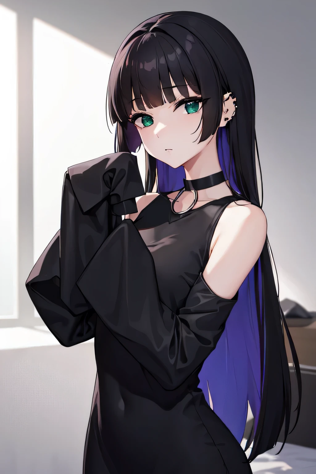 bocchipasan, pasan, black hair, blunt bangs, blunt ends, chin piercing, colored inner hair, ear piercing, (green eyes:1.5), hime cut, long hair, medium bangs, multicolored hair, piercing, purple hair,
BREAK bare shoulders, black choker, black dress, black sleeves, choker, clothing cutout, detached sleeves, dress, gothic, shoulder cutout, sleeves past fingers, sleeves past wrists, very long sleeves,
BREAK indoors, club,
BREAK looking at viewer, (cowboy shot:1.5), 
BREAK (masterpiece:1.2), best quality, high resolution, unity 8k wallpaper, (illustration:0.8), (beautiful detailed eyes:1.6), extremely detailed face, perfect lighting, extremely detailed CG, (perfect hands, perfect anatomy),