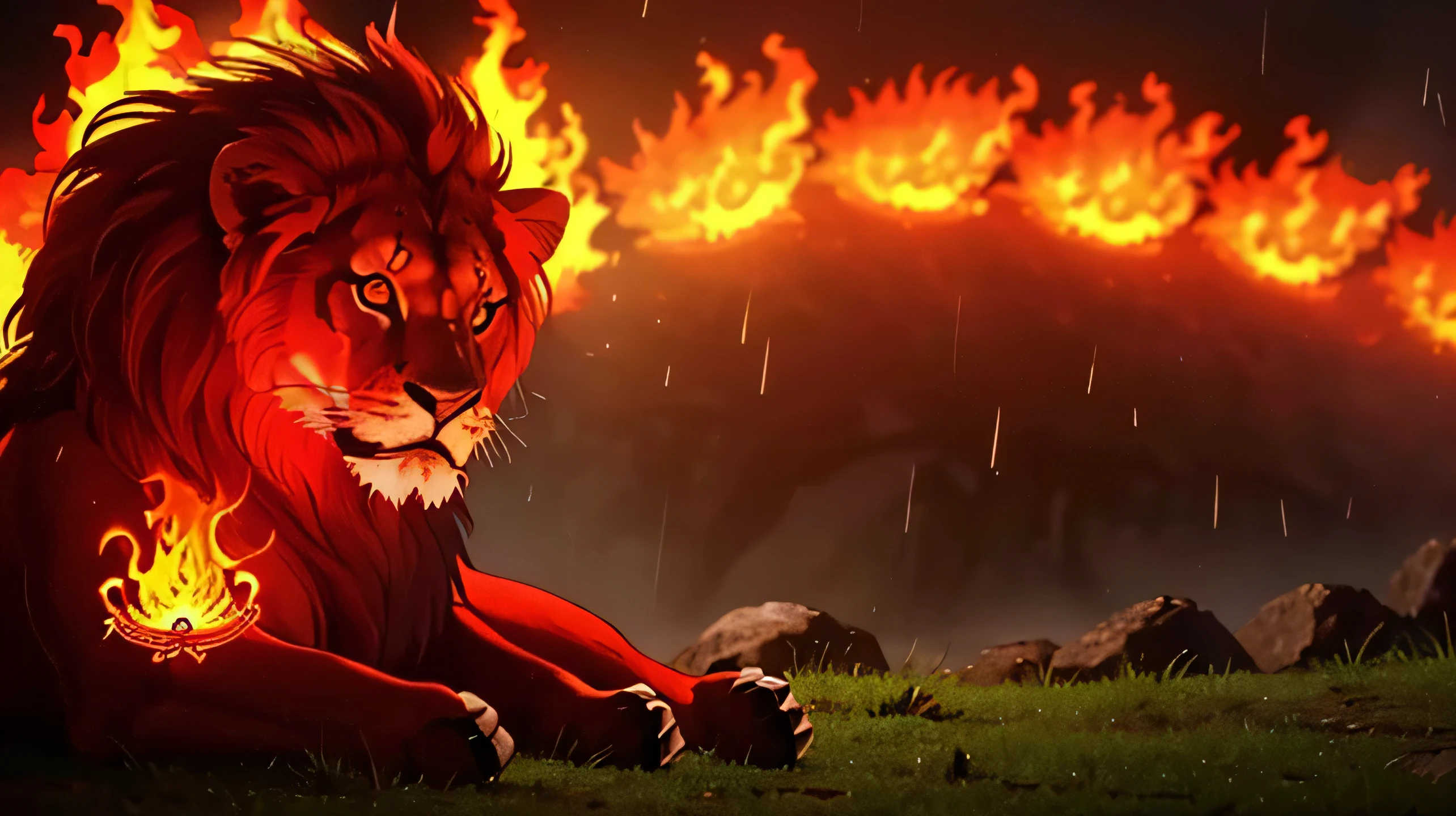 On a quiet rainy day,A mythical beast with a lion's head and tail,The whole body is covered with flame-red scales, which looks full of power.,Sitting quietly in front of a temple full of fairy spirit, stretching out his hand to shield a newly sprouted grass from the rain。