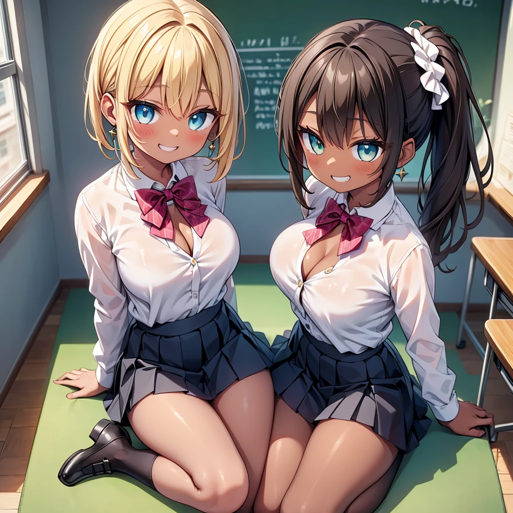 (cute eyes:1.2), (sparkling eyes:1.2), (8K、Best image quality、highest quality、masterpiece)、Detailed face、(2 girls)、Improve、((Brown Skin:1.3))、blonde、Low Ponytail、Scrunchie、Yellow Eyes、Earrings、Wicked Smile、((Grin))、、((White collared shirt))、((Open clothes))、Cleavage、((eated skirt))、((mini skirt))、White socks、loafers、Sit on a chair、whole body、Taken from above、Classroom Background、 (black stockings:1.1), (Thighs), (Waistline)