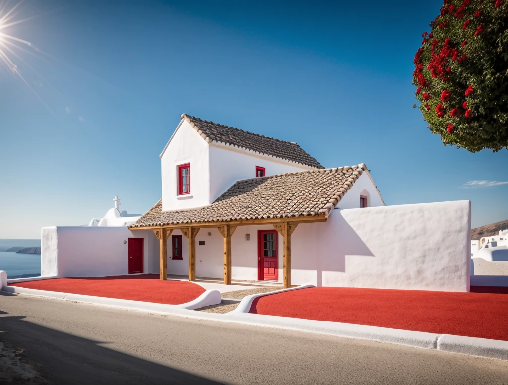 PLATFORM KTHOUSE, 1 SANTORINI house,, Many beautiful red flowers, romantic, The town house is made from white walls and blue door frame, beautyful light, beautyfulday, sunny, lovely youthful feeling :1.2, sunlight at 12 noon, Very beautiful shadows, light at 12 noon, 