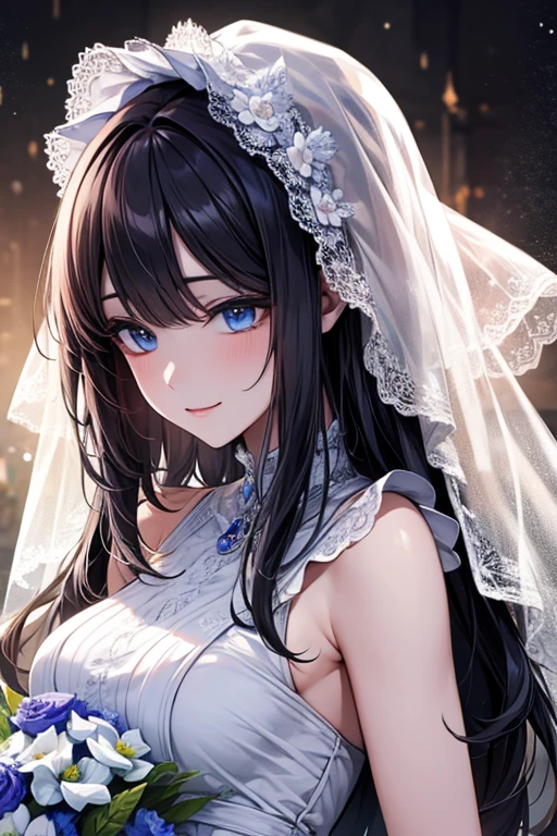 masterpiece, masterpiece_portrait, distinct, distinct_image, high_resolution, highres, high_quality_anime, high_quality, hyper_detail, finely_detailed,4K, YUJU, GFRIEND, KPOP , white Wedding Dress, sexy body, ((black hair)), blue eyes, wedding veil, bouquet, smile, happy